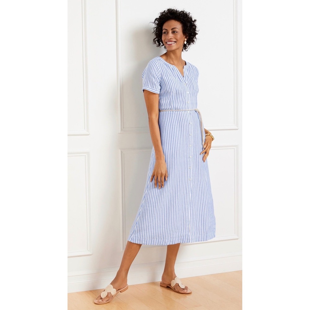 Talbots Blue White Striped 100% Linen Shirt Dress Pockets MIDI NO BELT size 4